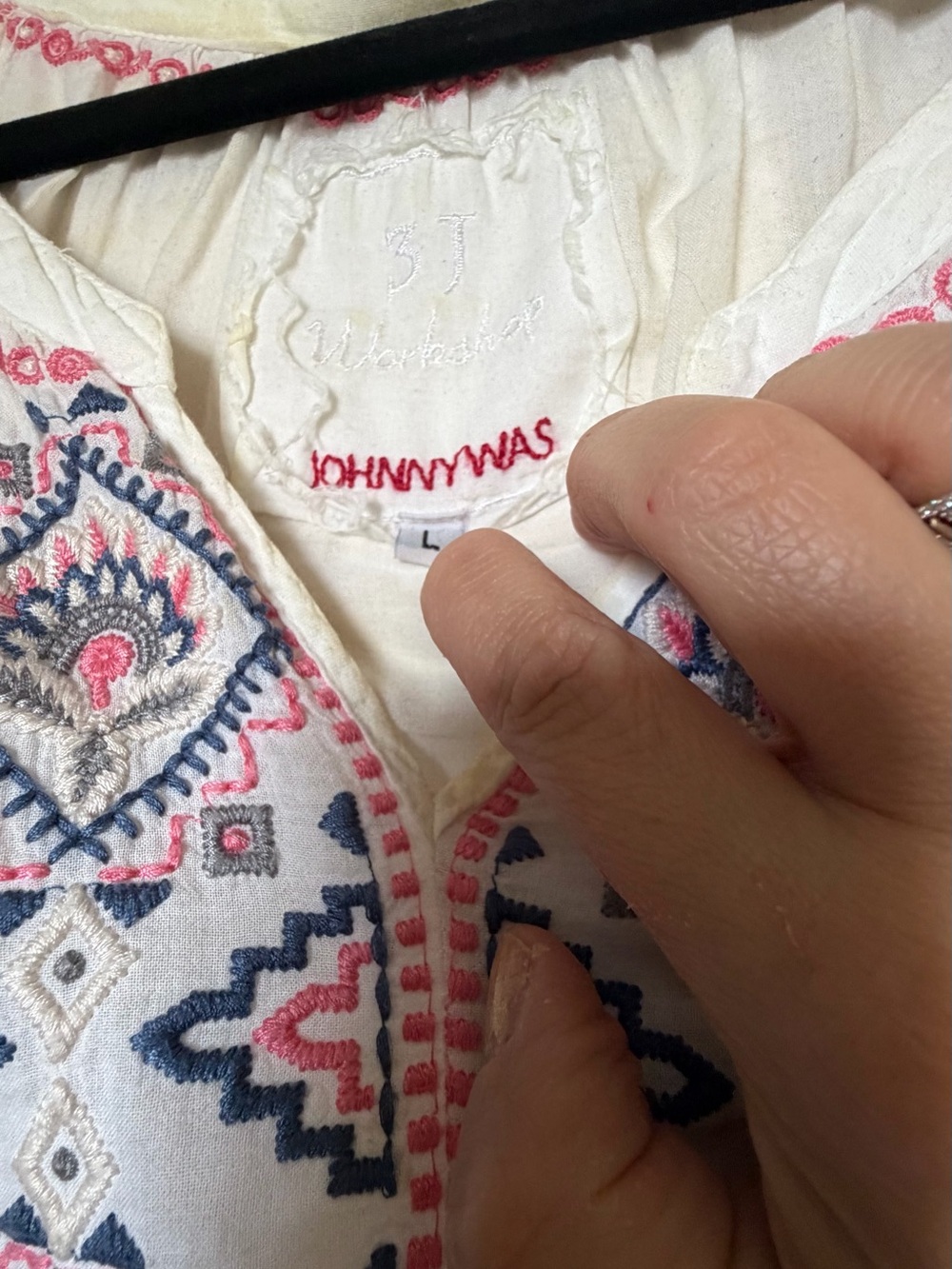Johnny Was White Tunic with Pink and Navy Embroidery Accents - Picture 4 of 5